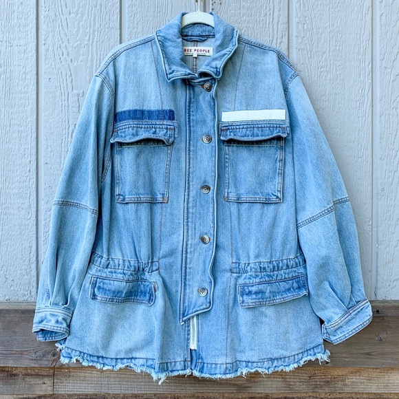 Free People oversized raw, flared hem denim jean jacket, adjustable cinch waist - Picture 2 of 16